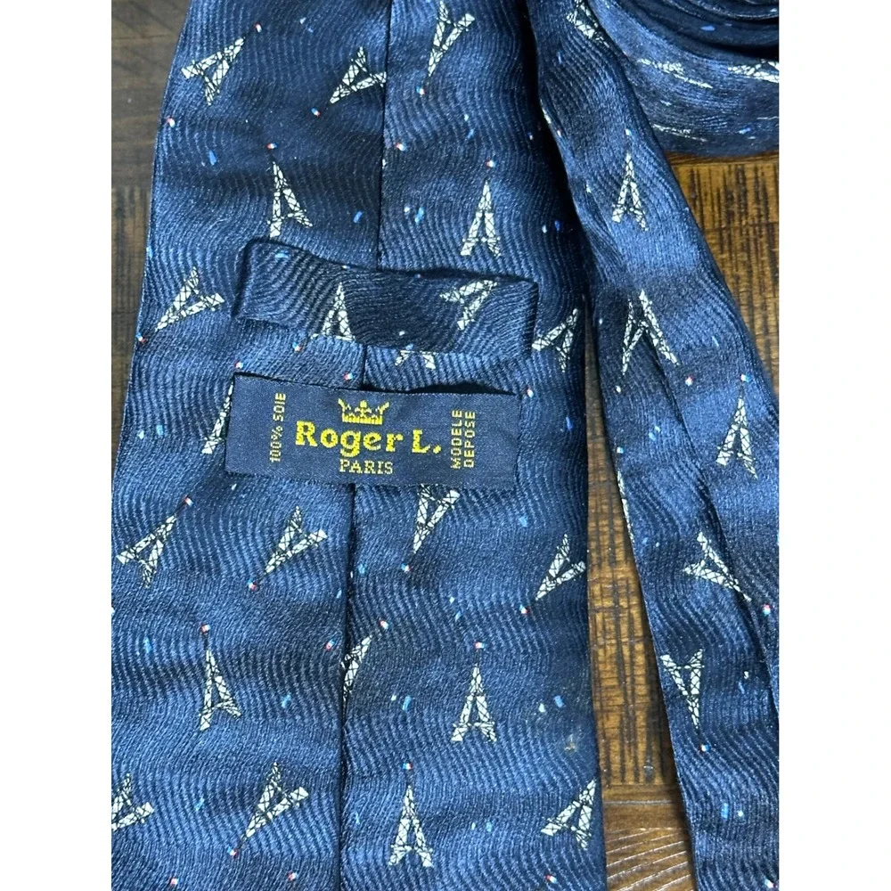 Roger L Paris‎ Eiffel Tower Silk Tie vintage necktie navy blue French Flag
